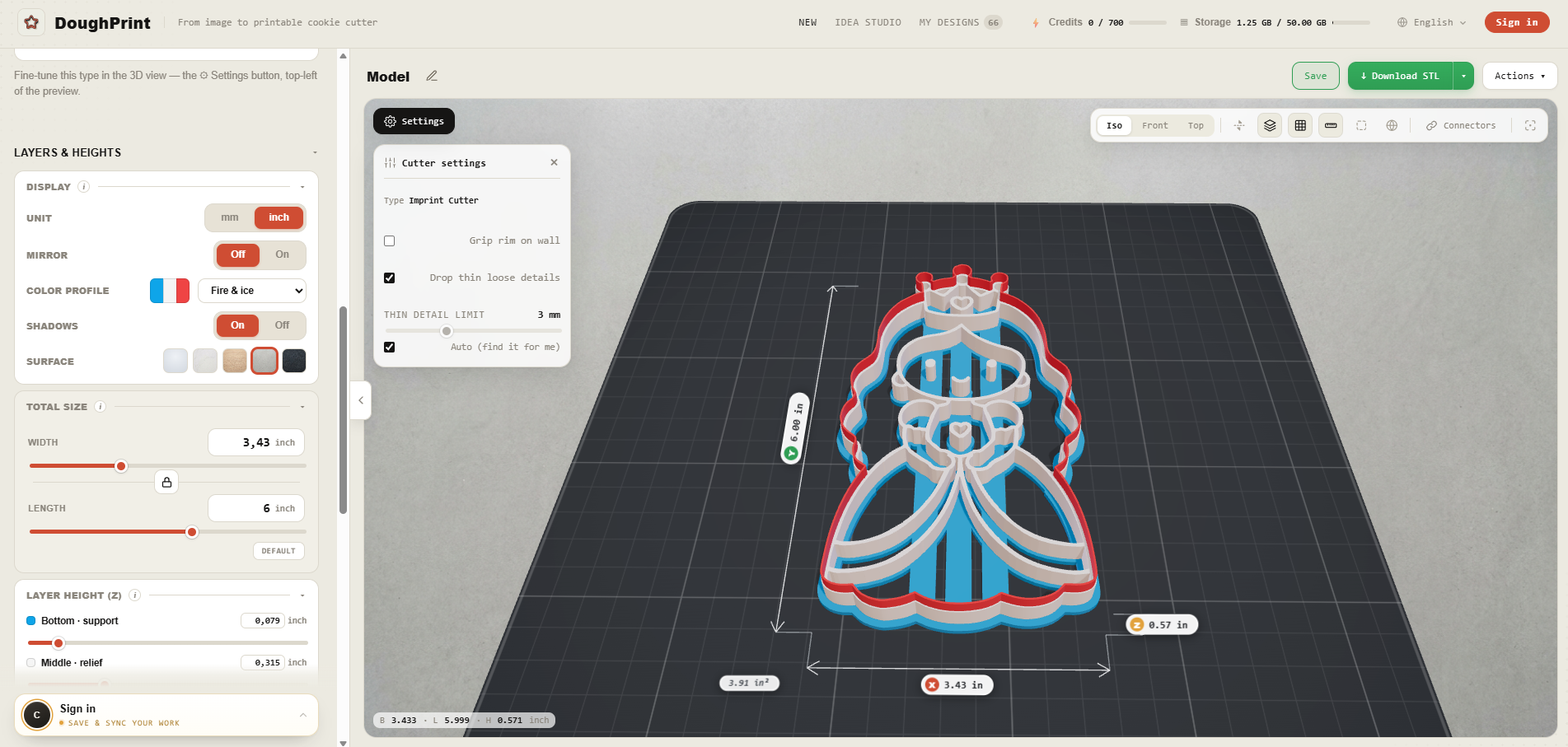 The DoughPrint editor — layers, sizes and unit controls in the sidebar, a live 3D princess dress cutter with dimensions in the viewport