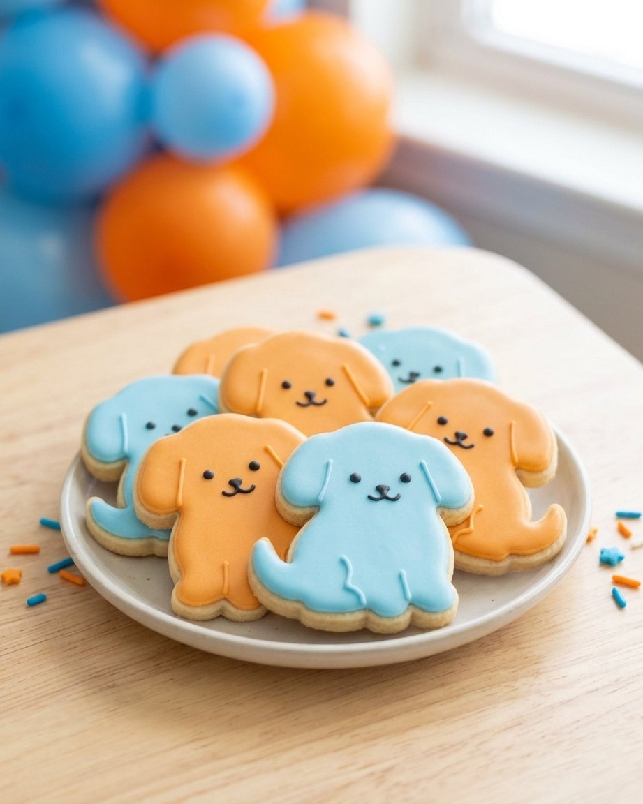 A plate of decorated puppy cookies iced in blue-grey and orange on a kids' birthday table with blue and orange balloons behind