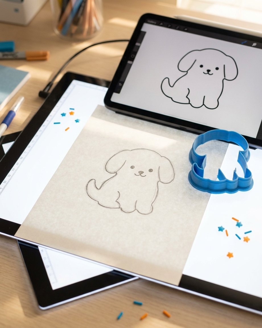 A hand-drawn pencil sketch of a simple cartoon puppy beside a tablet showing the same shape turned into a clean cutter outline