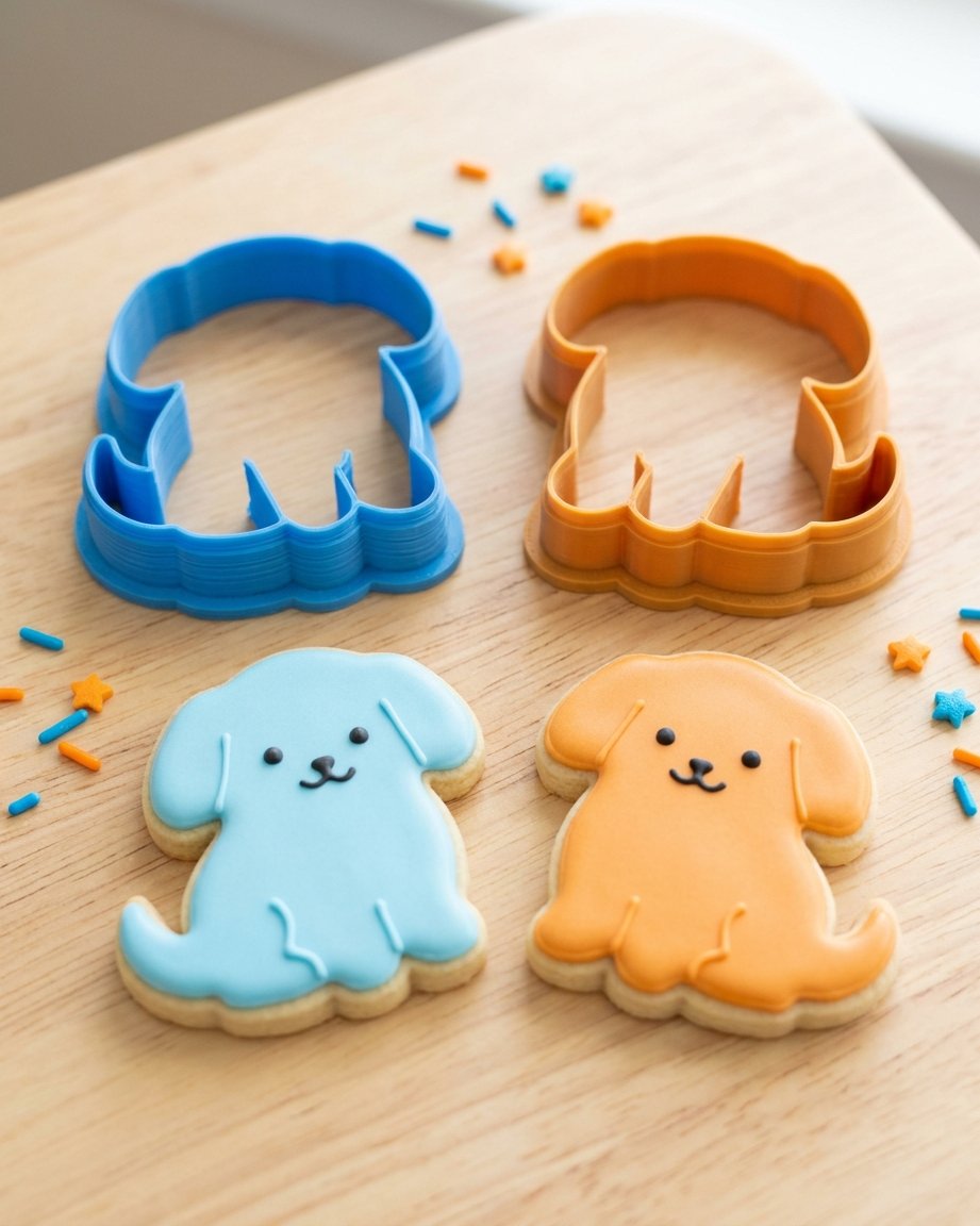 Twee hondvormige 3D-geprinte koekjesvormen in blauw en oranje naast bijpassende versierde hondenkoekjes