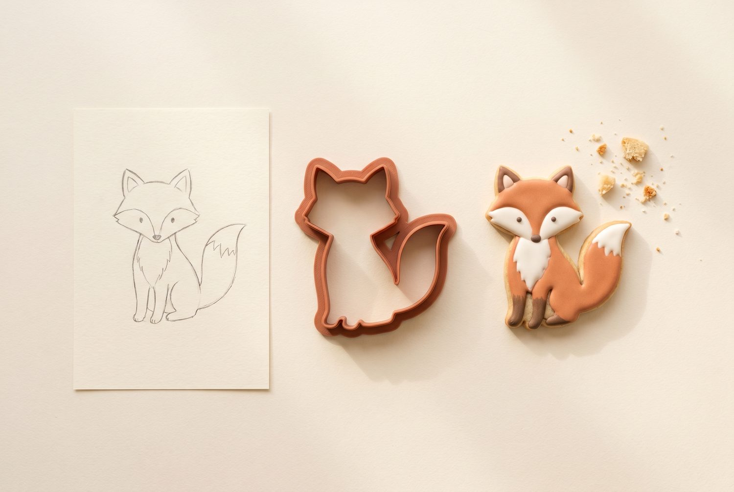 A line drawing, a 3D-printed cutter and a finished cookie side by side