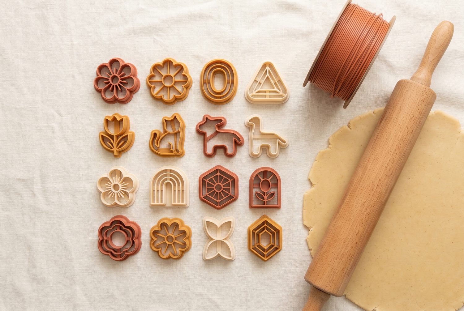 3D-printed cookie cutters next to a spool of filament and rolled dough