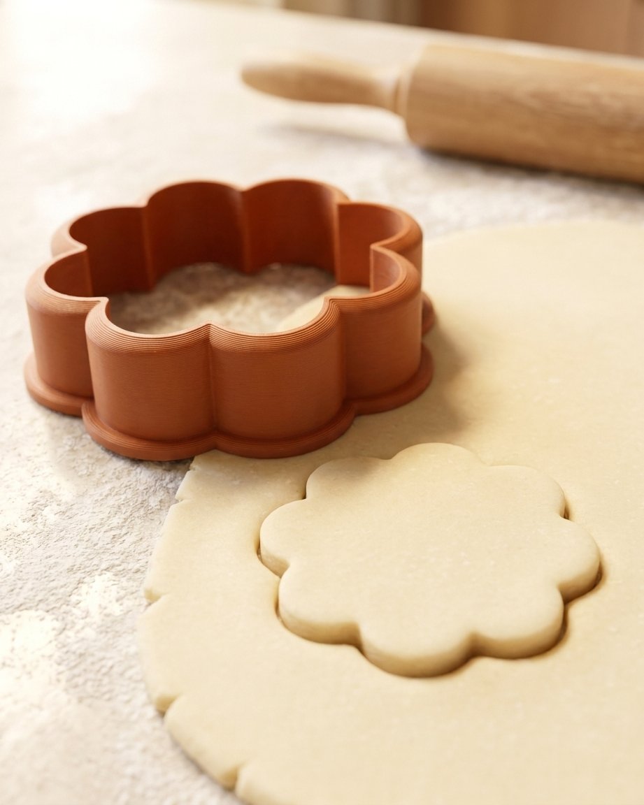 A terracotta scalloped cookie cutter lifted from rolled dough, leaving a perfectly crisp cut-out