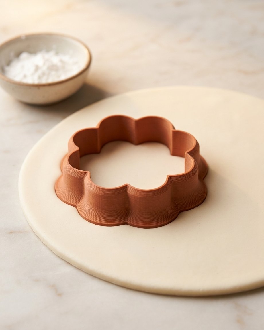 A terracotta 3D-printed cutter with a knife-style tapered blade pressed into a smooth sheet of fondant, leaving a clean cut