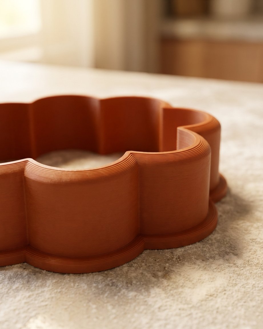 Macro photo of a terracotta 3D-printed cookie cutter wall tapering to a razor-thin cutting tip