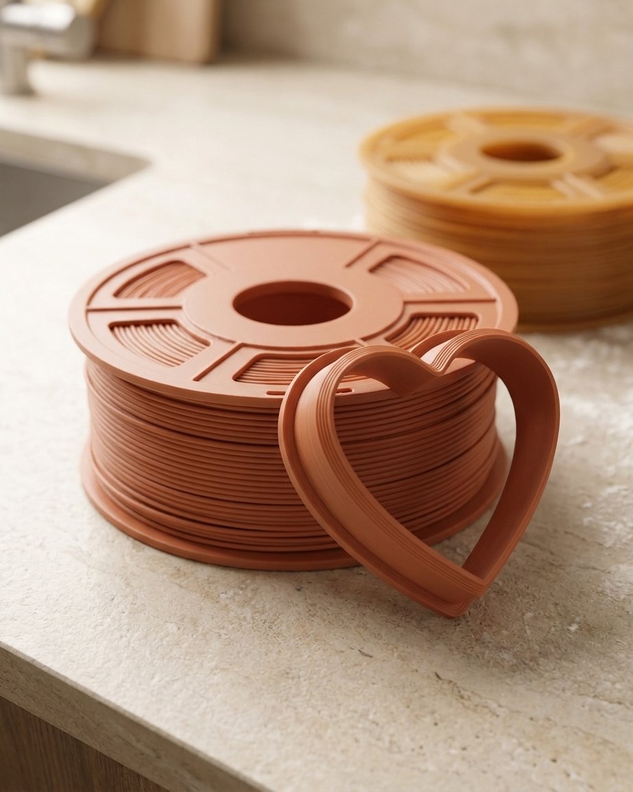 Een spoel terracotta 3D-printerfilament op een aanrecht met een bijpassende hartvormige geprinte vorm ertegenaan