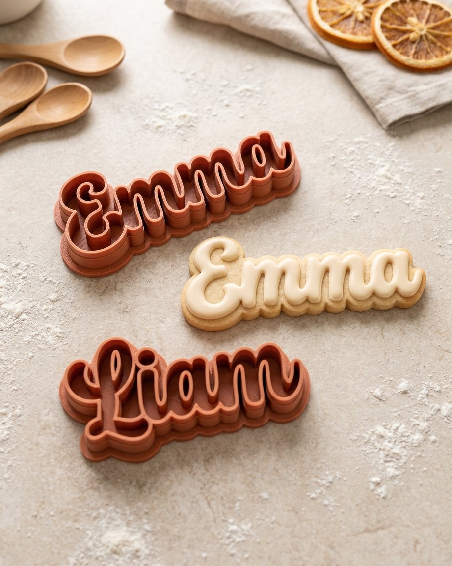Personalised name cookie cutters 'Emma' and 'Liam' printed in terracotta, with a decorated name cookie