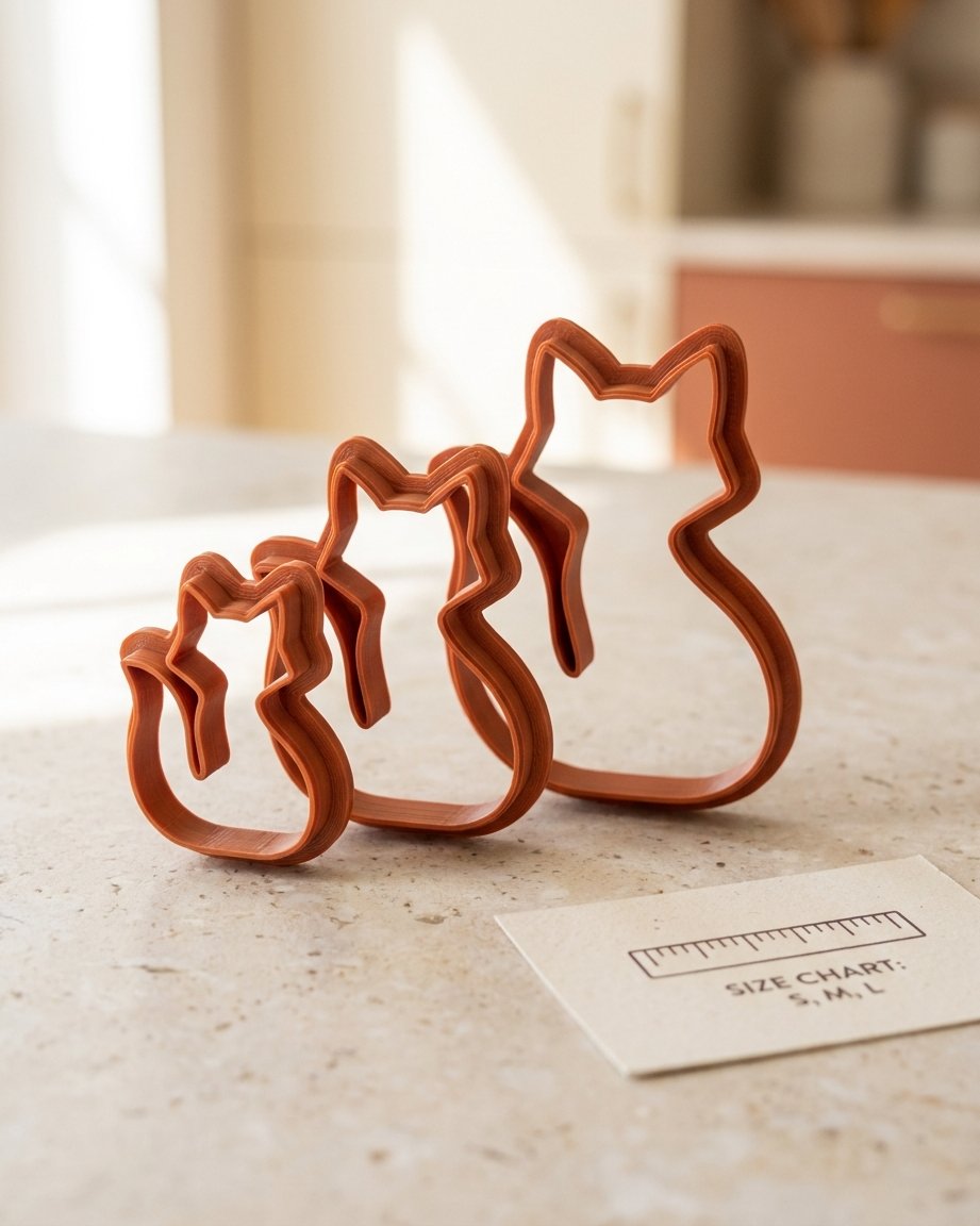 The same fox cookie cutter 3D-printed in three sizes, small to large