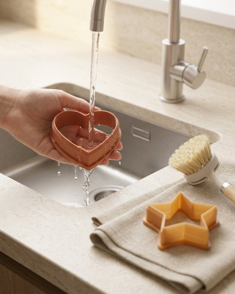 Een terracotta 3D-geprinte hartvormige koekjesvorm wordt met de hand onder koud stromend water gewassen, met een afwasborstel en een schone stervorm die op een linnen doek droogt