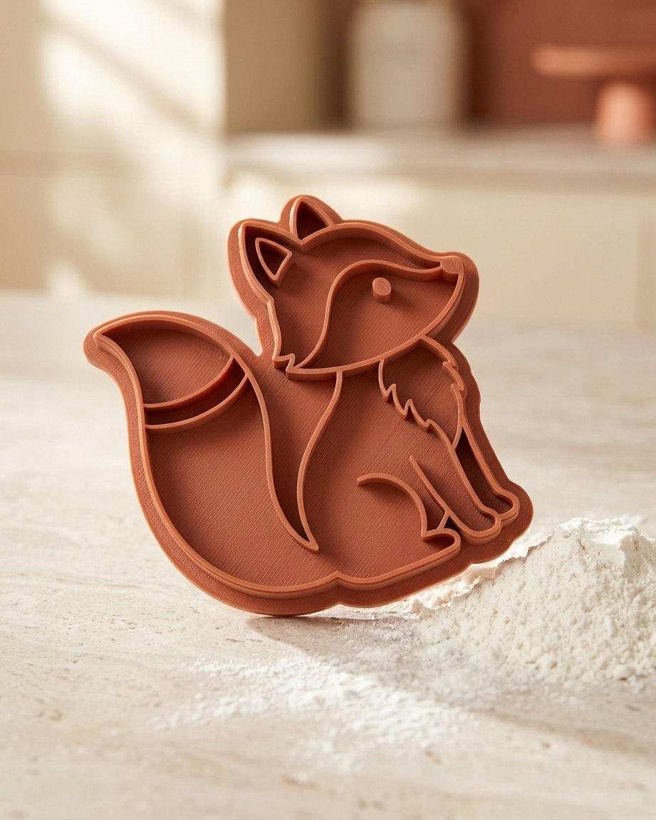 Terracotta 3D-printed fox cookie cutter made from the same drawing