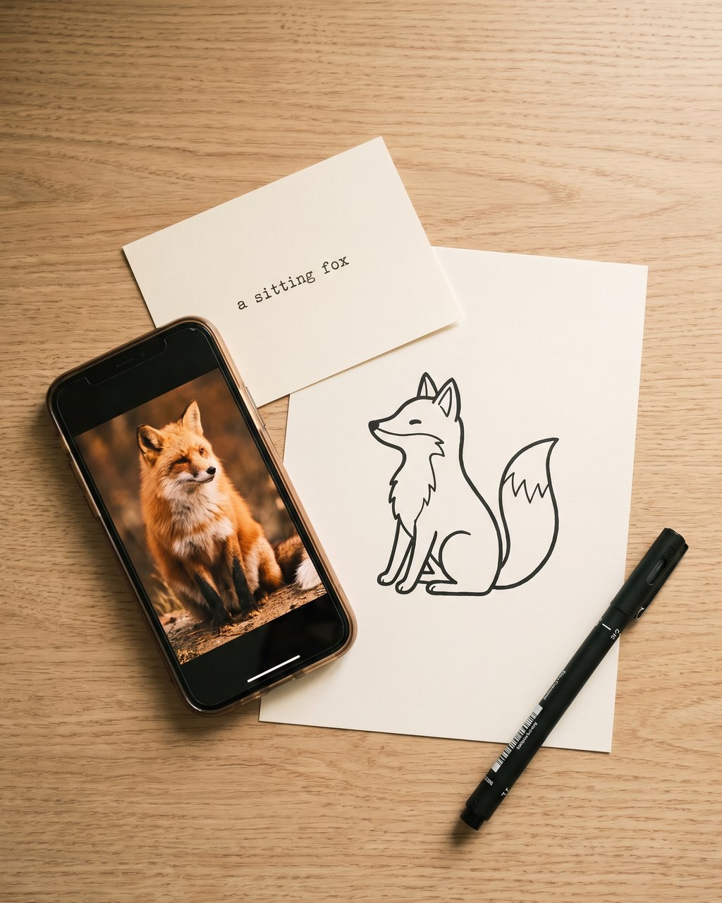 A fox photo on a phone, a typed prompt card and a fox line drawing — three ways to start a cookie cutter