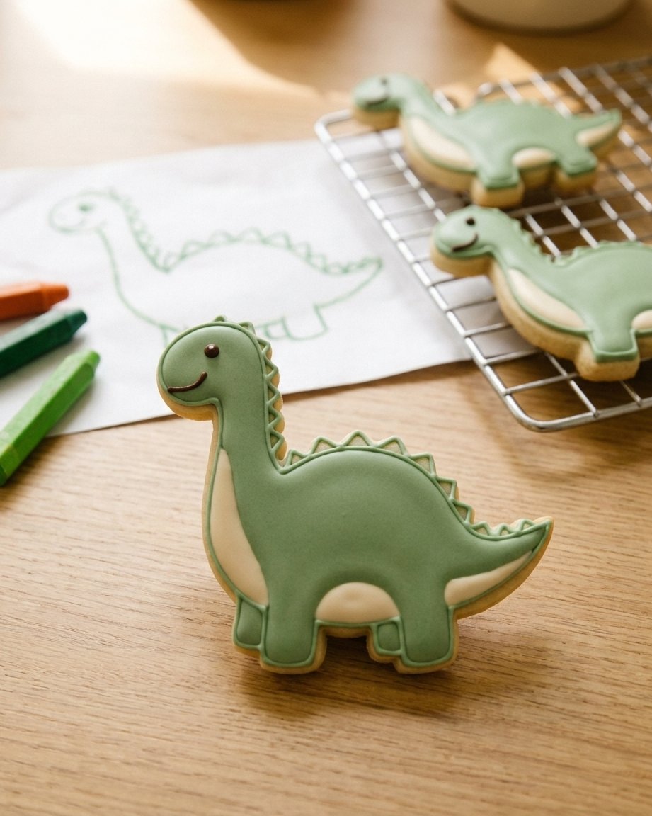 Een versierd dino-koekje in precies de vorm van een groene kindertekening, met de originele tekening erachter