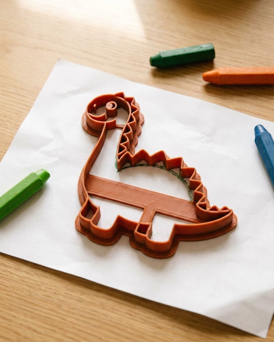A terracotta 3D-printed cookie cutter lying on the child's dinosaur drawing, its outline matching the crayon lines exactly