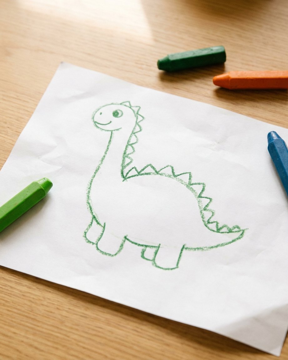 A child's green crayon drawing of a happy long-necked dinosaur on slightly crumpled paper, with wax crayons beside it