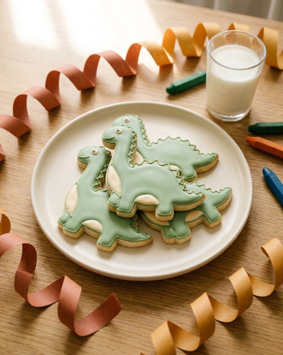 A plate stacked with decorated dinosaur cookies shaped like the child's drawing, with party streamers, crayons and a glass of milk