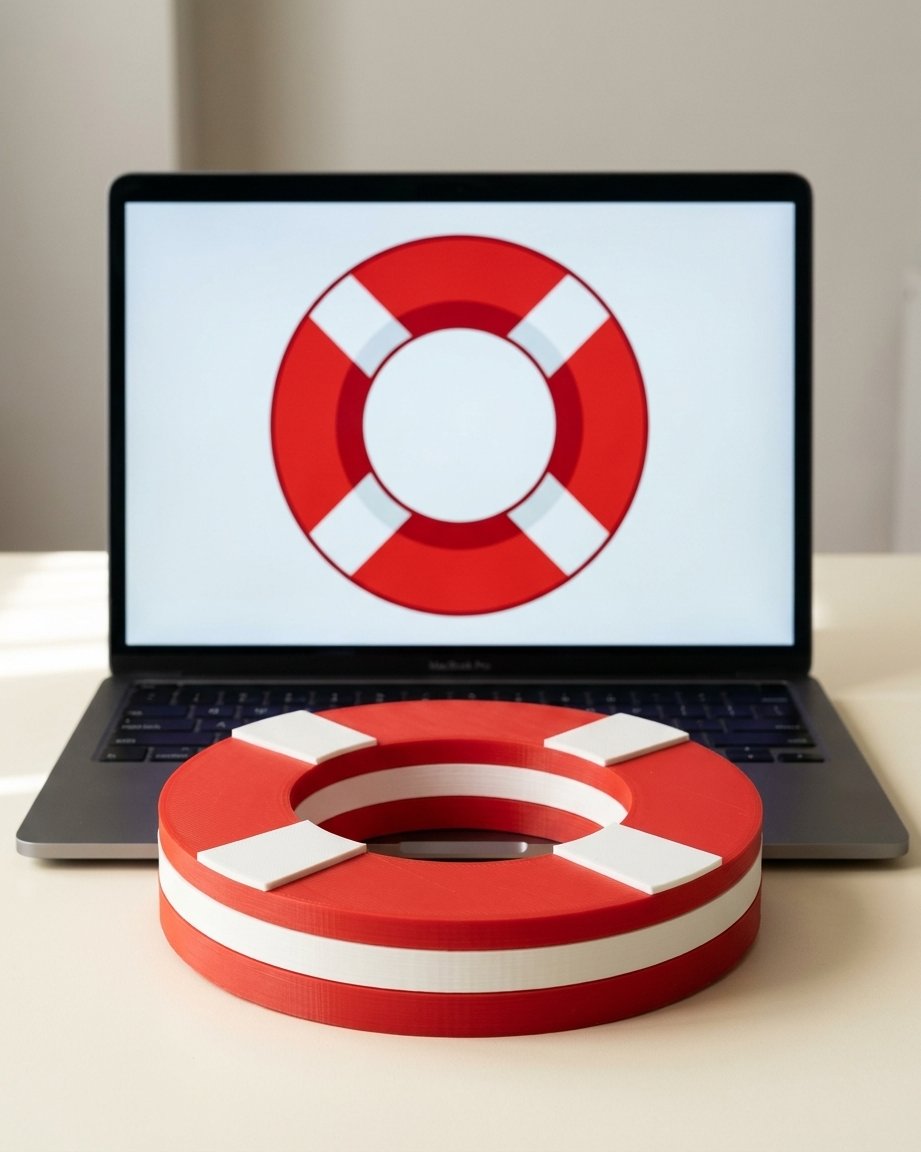 A laptop showing a flat top-down vector drawing of a red-and-white life ring next to the finished layered multicolor print of the same shape