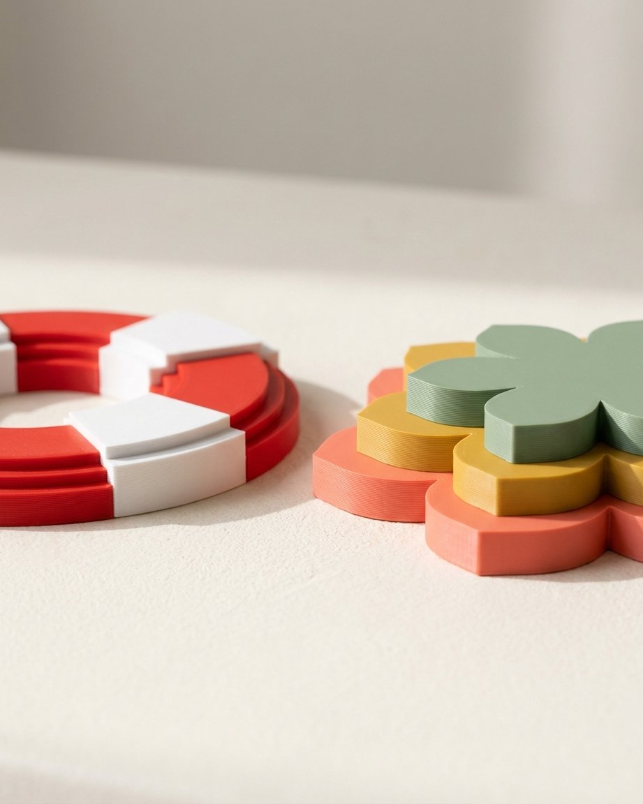 Two flat multicolor 3D-printed pieces with each color sitting at a different height