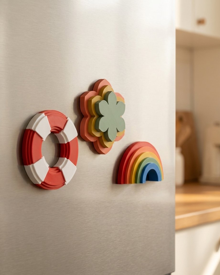 Three flat multicolor 3D-printed fridge magnets with clearly stepped color heights on a stainless steel fridge door