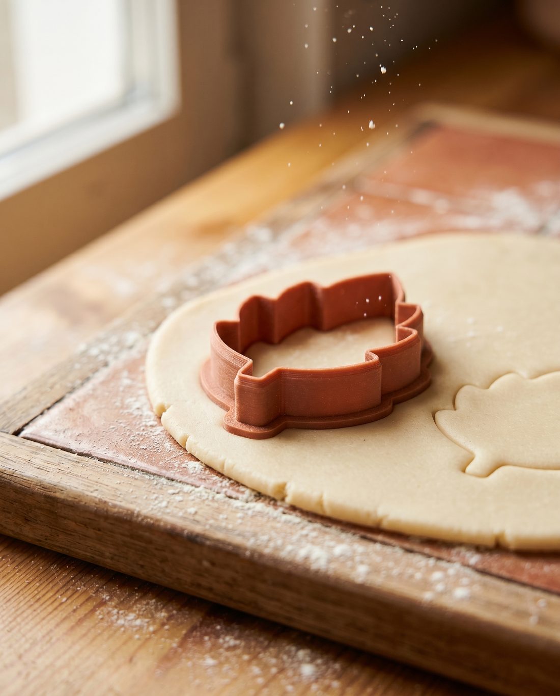 Terracotta cutter cutting a shape out of fresh cookie dough