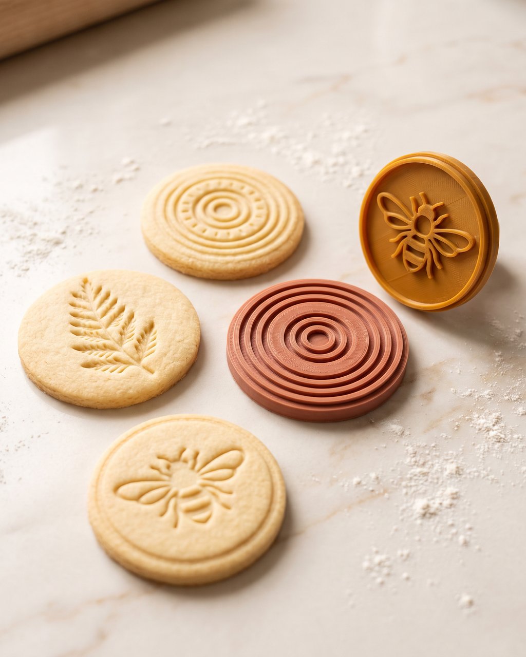 Shortbread cookies with crisply embossed patterns beside two 3D-printed cookie stamps