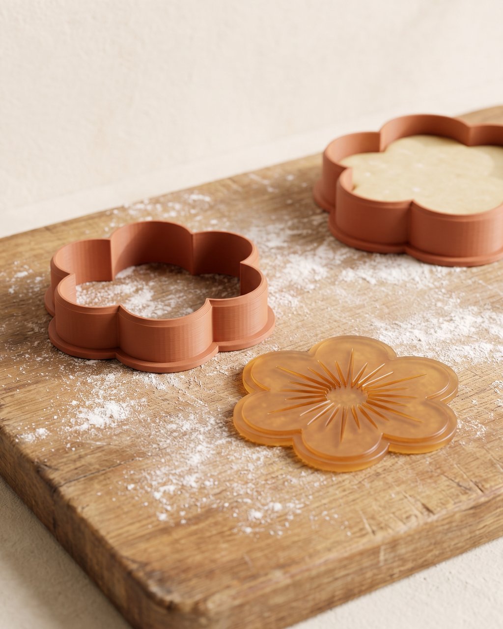 A terracotta 3D-printed flower cookie cutter beside its matching amber stamp plate, with a second cutter holding a cut round of dough