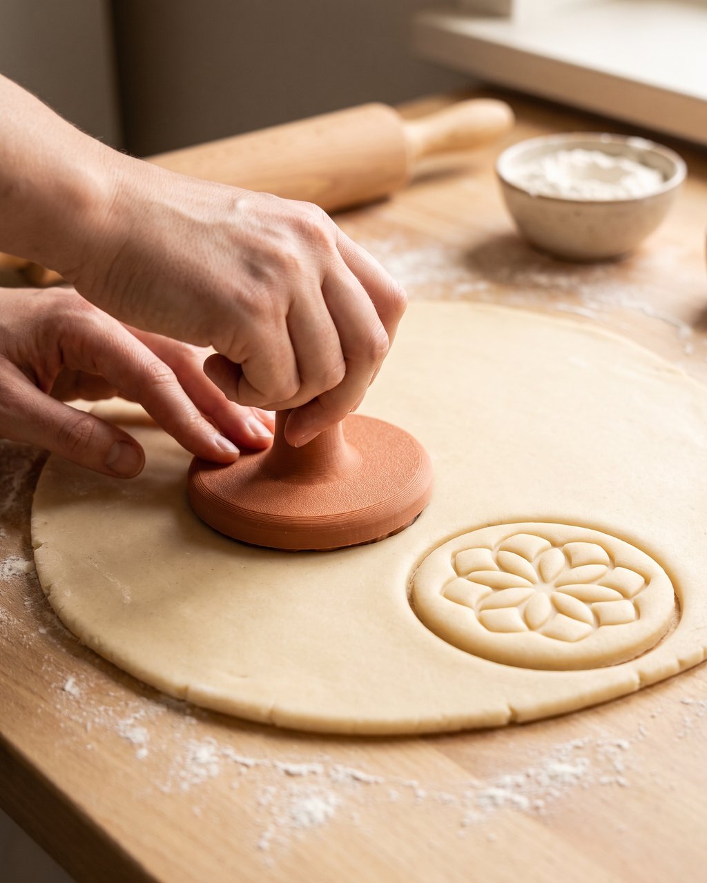 Hands pressing a terracotta 3D-printed stamp straight down into a sheet of chilled rolled cookie dough, with a crisply imprinted round beside it