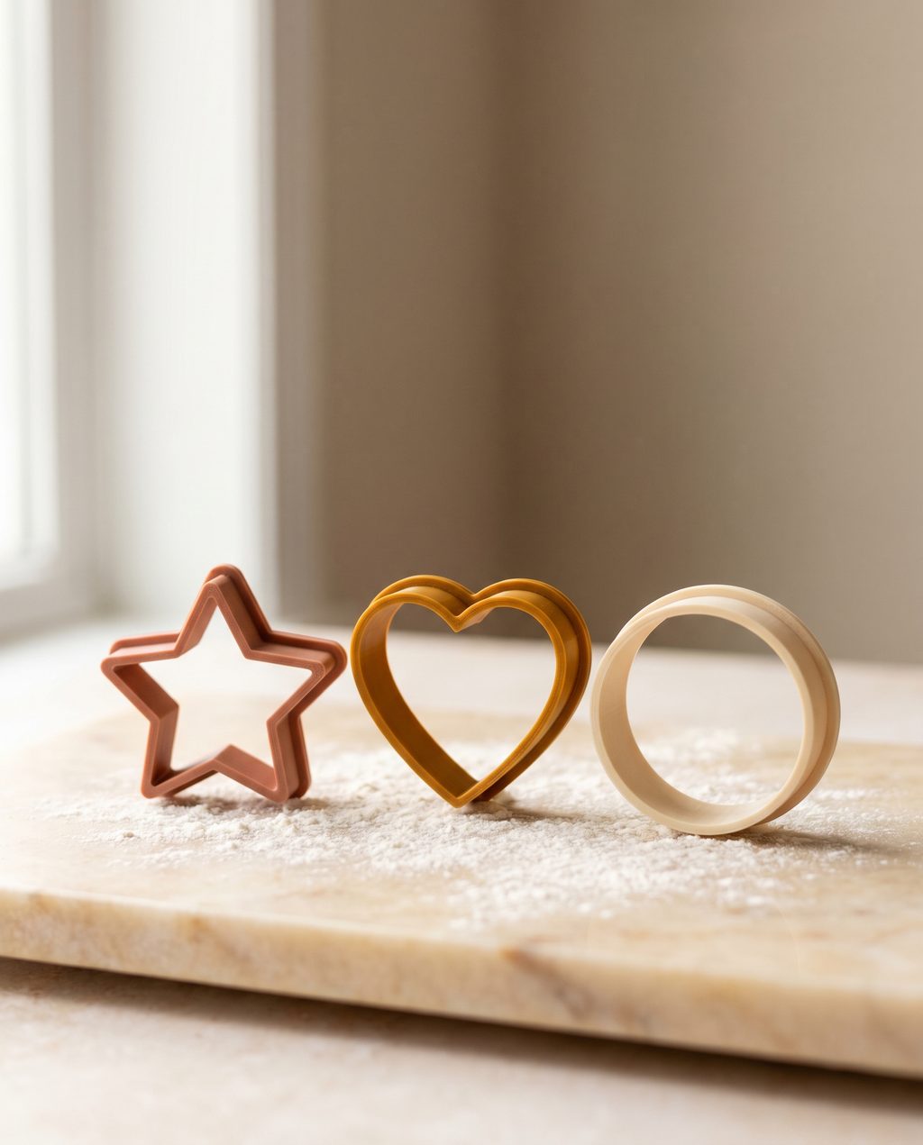 3D-printed cookie cutters in terracotta and amber