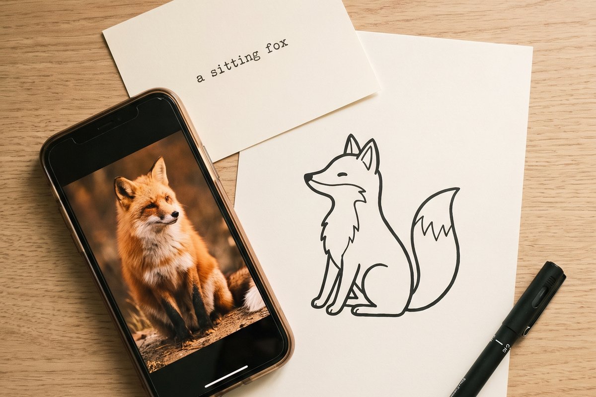 A fox photo on a phone, a typed prompt card and a fox line drawing — the idea you start from