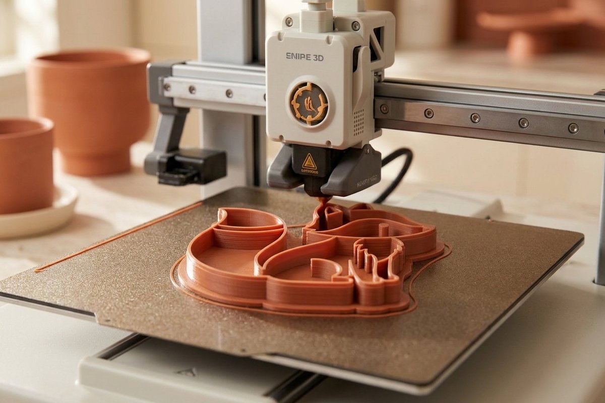 A 3D printer printing a terracotta fox cookie cutter