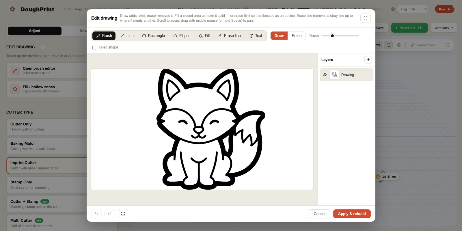 The brush editor — drawing tools, text tool and layers over the fox line drawing