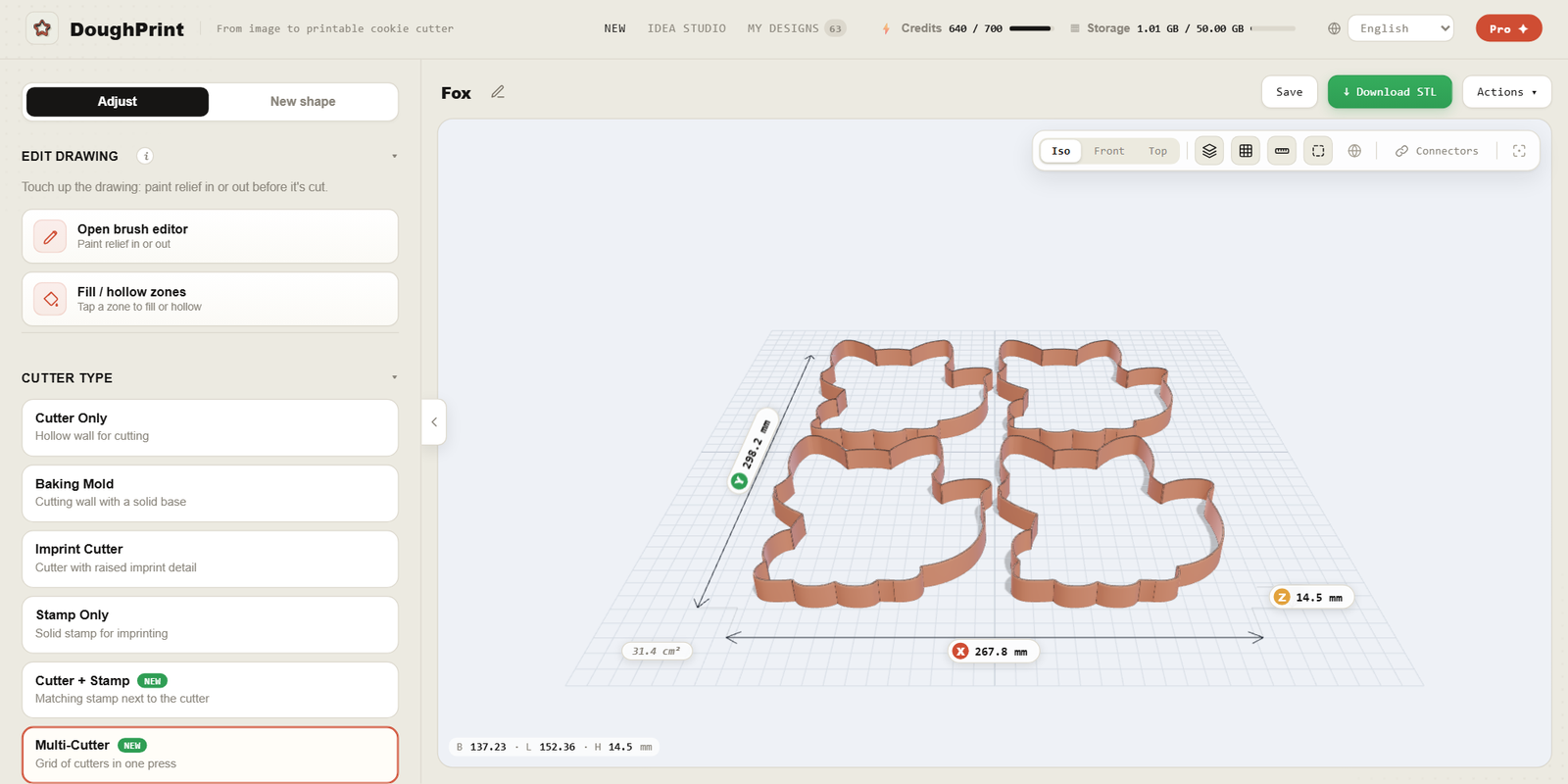 Multi-cutter mode — a 2 by 2 grid of fox cutters in the 3D viewport