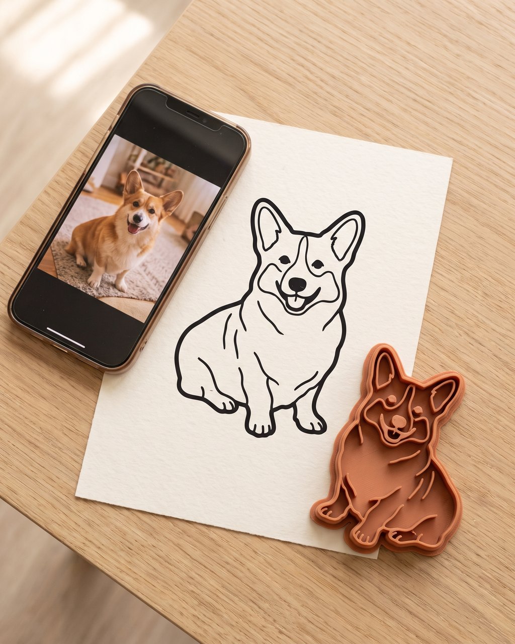 A phone photo of a corgi next to the automatically traced line drawing and the printed corgi cookie cutter