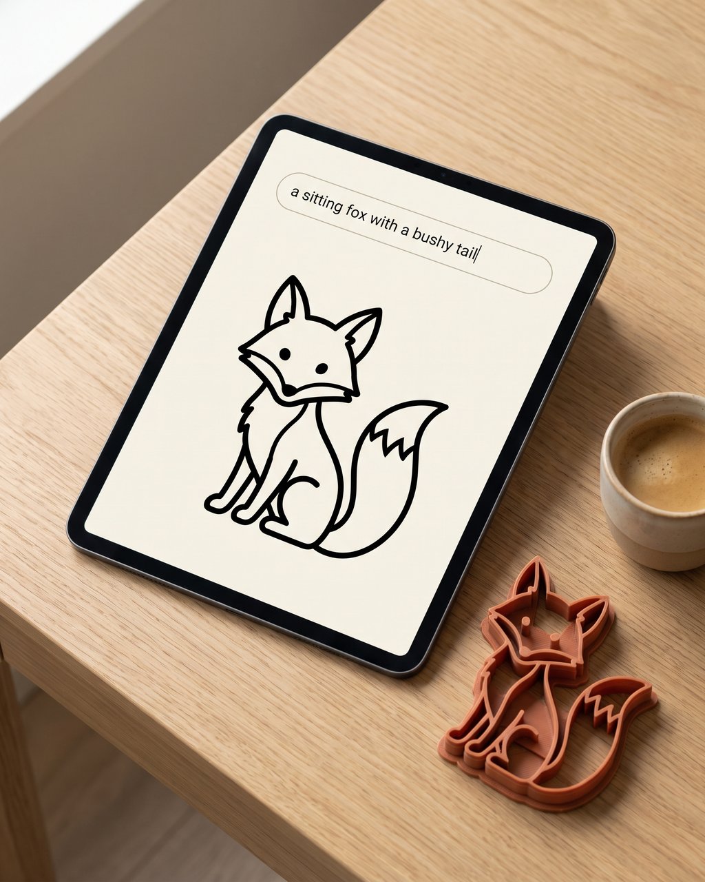 A tablet showing the prompt 'a sitting fox with a bushy tail' and the generated fox outline, next to the printed cutter